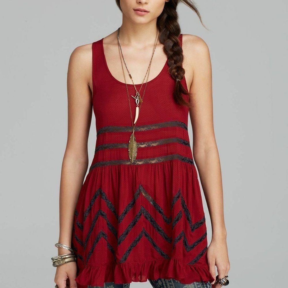 Intimately Free People Red and Black Lace Trapeze Slip Dress